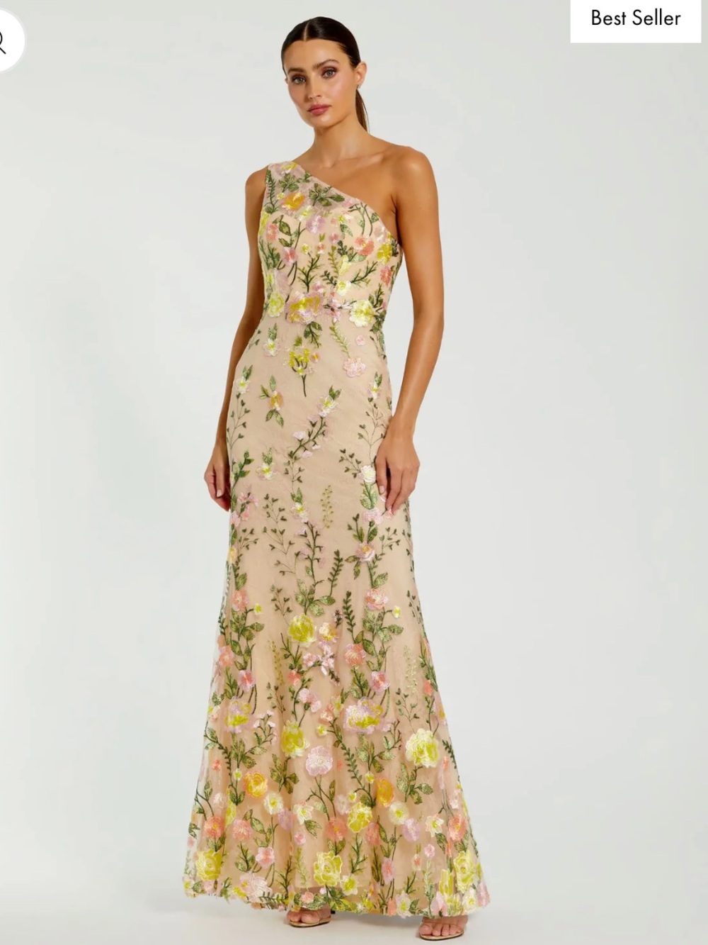 NWOT Mac Duggal floral embroidered one shoulder gown